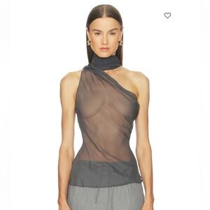 L'Academie One-Shoulder Sheer Scarf Neck Top in Charcoal